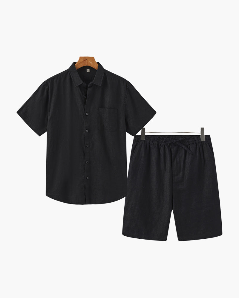 Men's Button-Down Shirt and Shorts Set with Elastic Waist, Summer Two-Piece Outfit