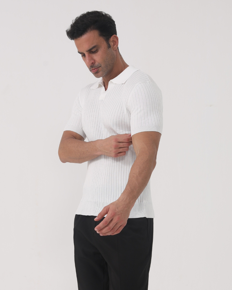 Men's Ribbed Polo Shirt with Collar Detail, Casual Short Sleeve Polo