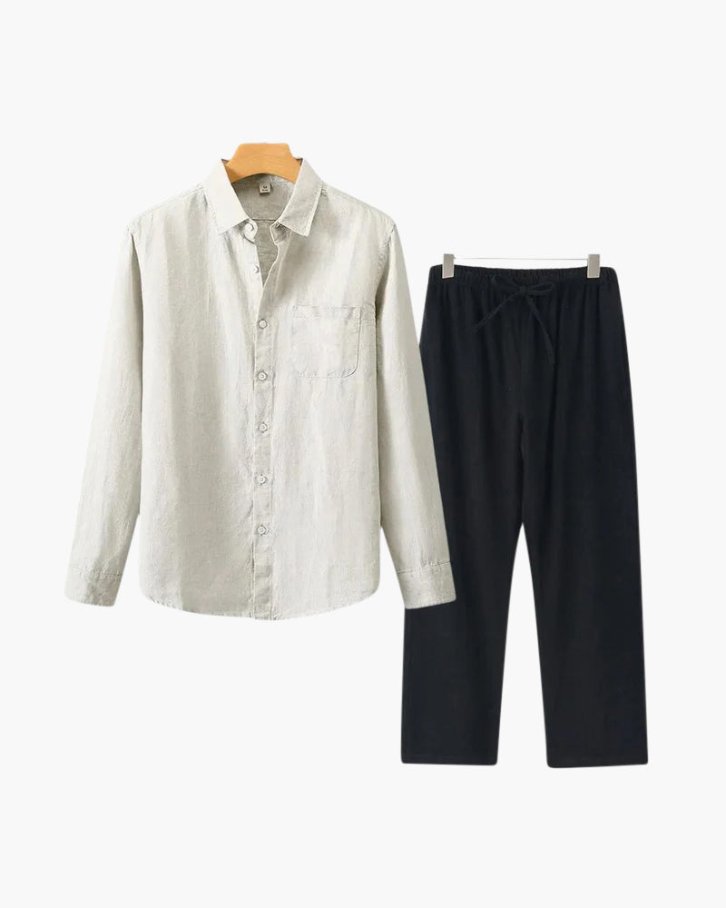 Men's Two-Piece Button-Front Shirt and Drawstring Pants Set, Casual Matching Outfit