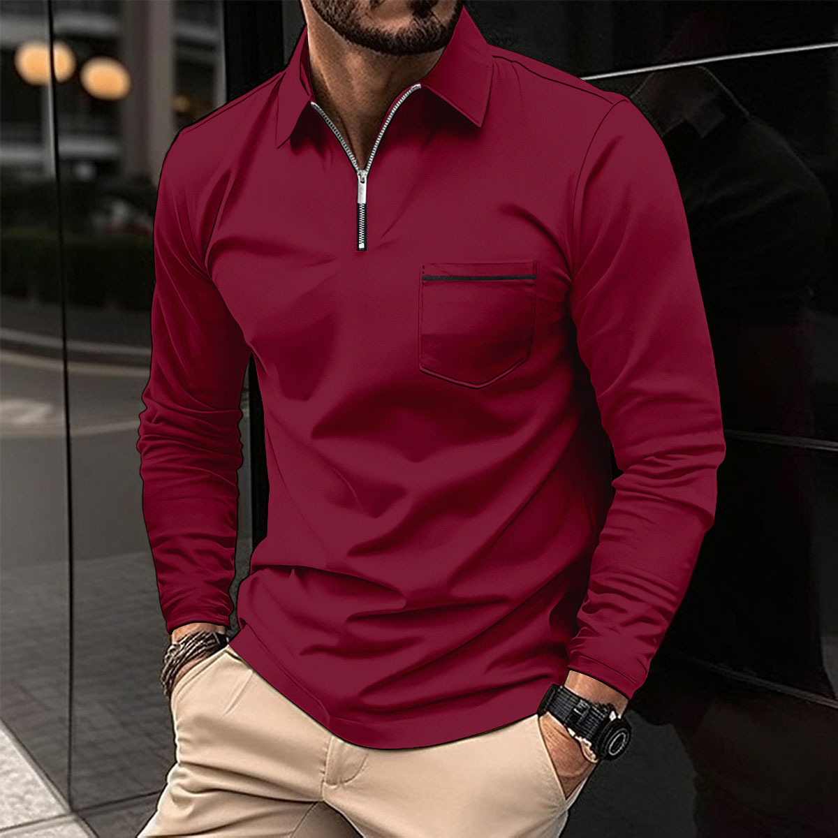 Men's Long Sleeve Polo Shirt with Chest Pocket, Modern Casual Polo