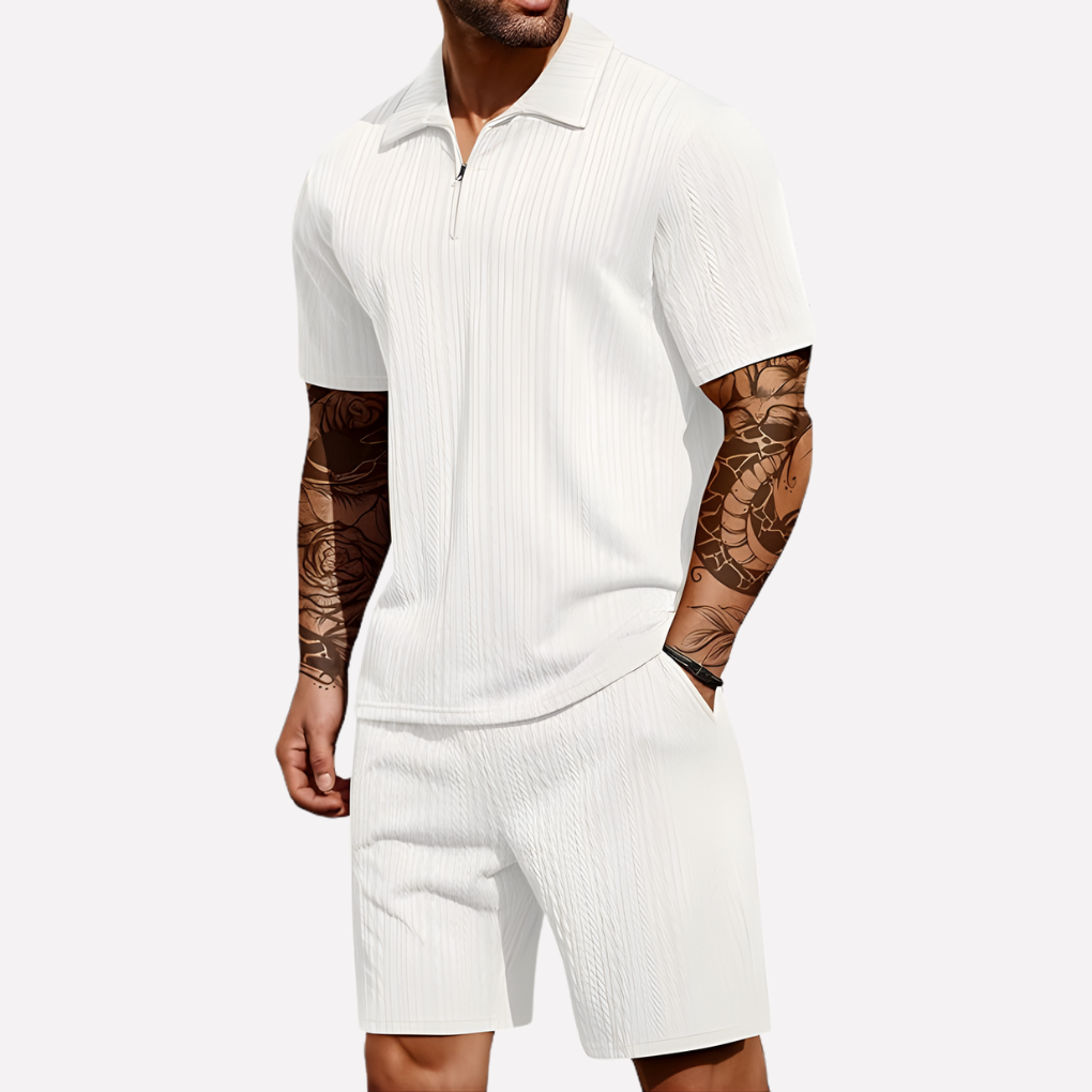 Men's 2-Piece Casual Outfit Set, Quarter-Zip Polo and Matching Shorts
