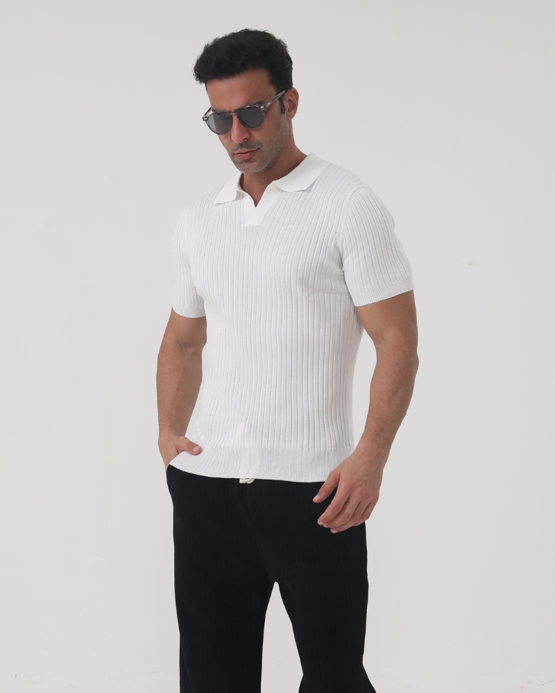 Men's Ribbed Polo Shirt with Collar Detail, Casual Short Sleeve Polo