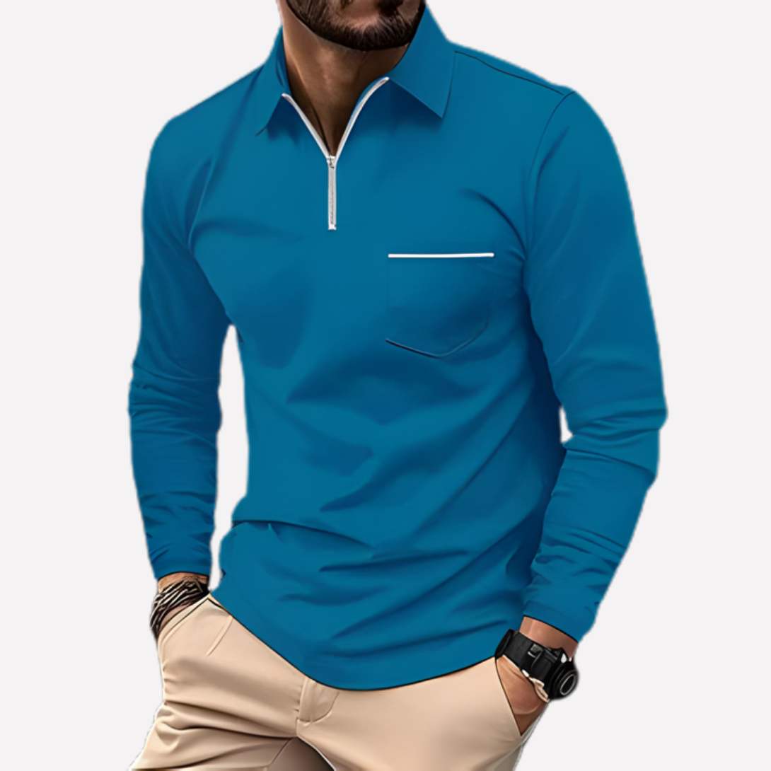 Men's Long-Sleeve Polo Shirt with Chest Pocket - Cotton Blend