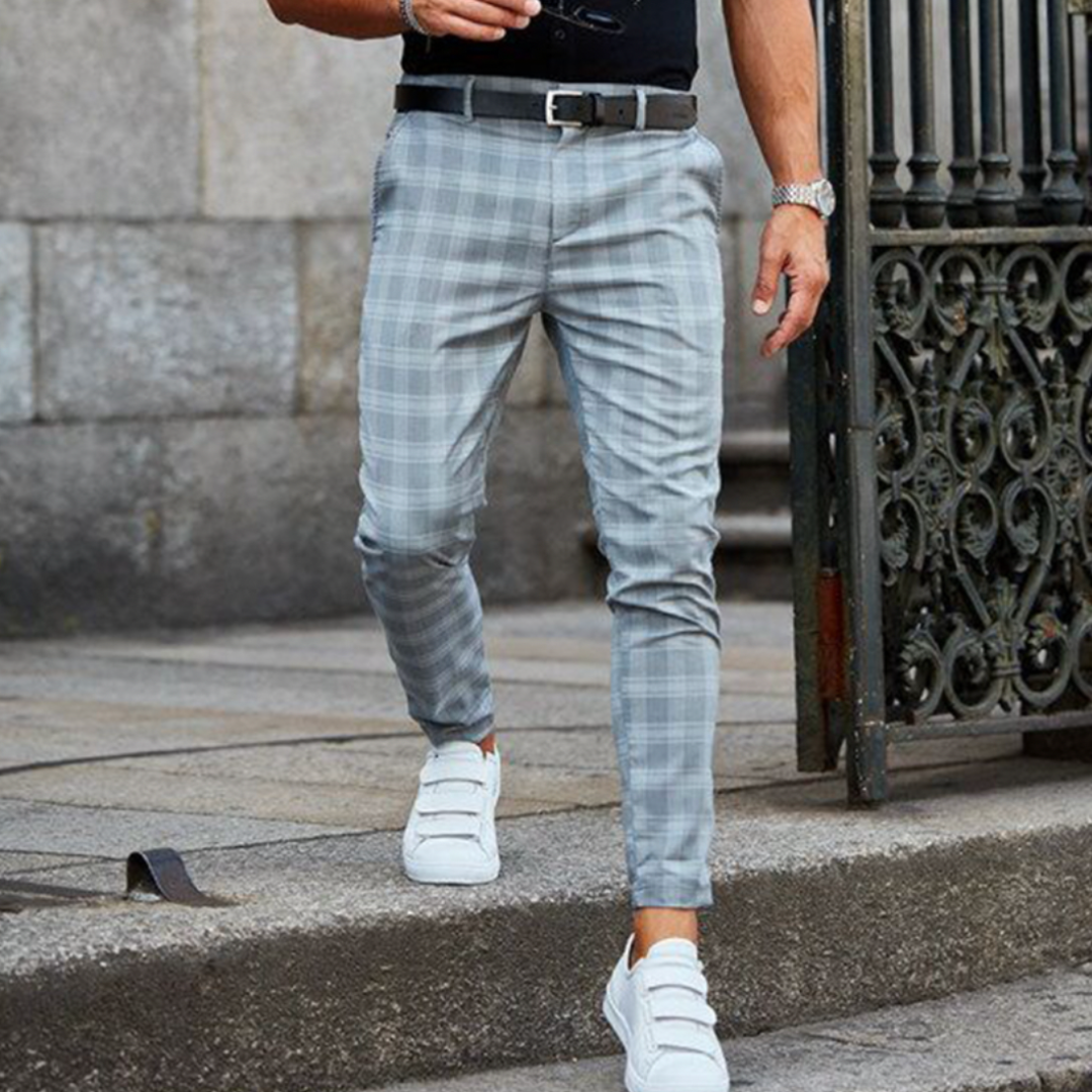 Men's Checked Trousers, Tapered Leg Mid-Rise Casual Dress Pants