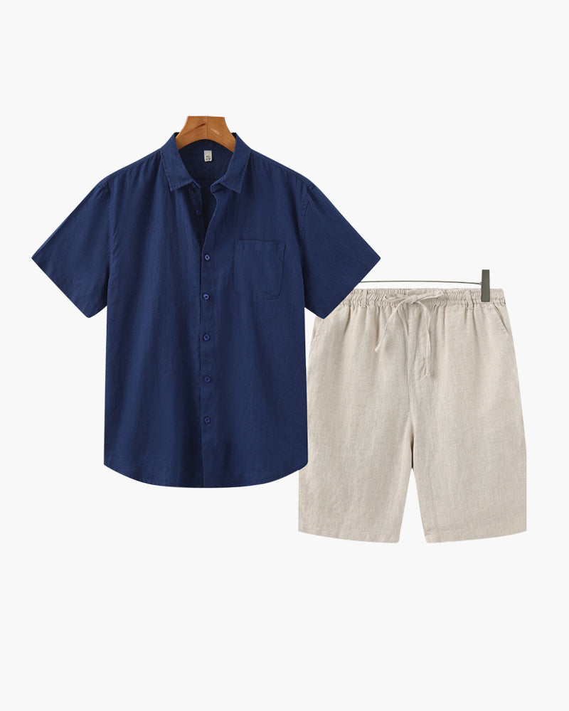 Men's Button-Down Shirt and Shorts Set with Elastic Waist, Summer Two-Piece Outfit