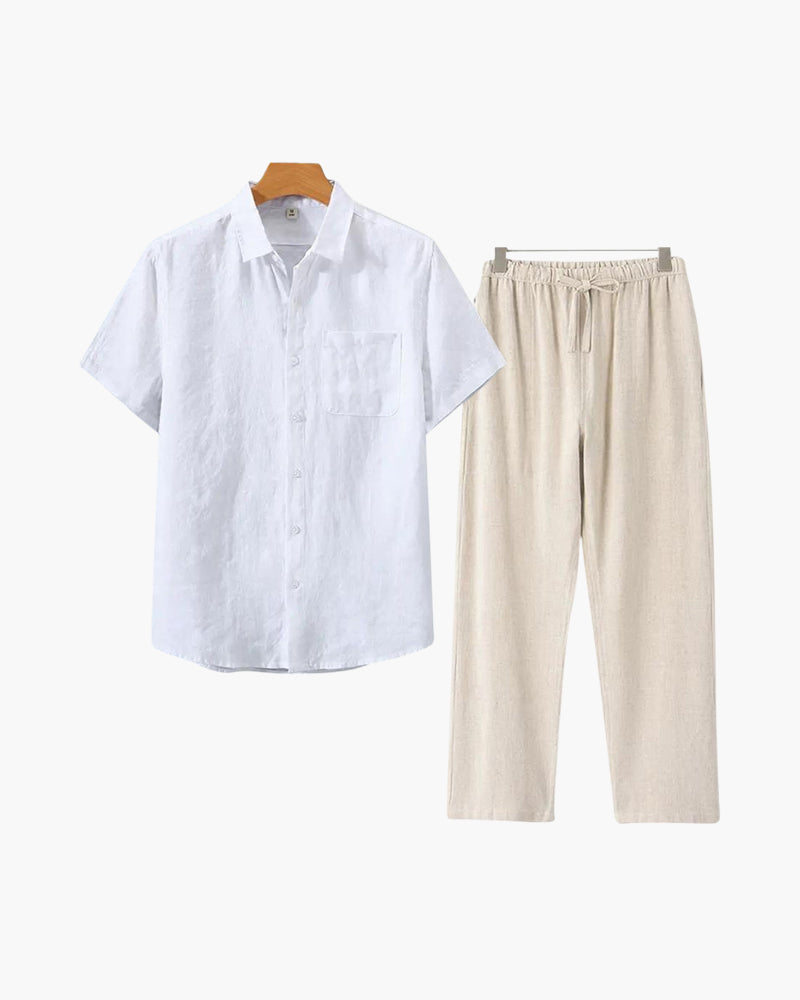Men's Button-Down Shirt and Pants Set with Elastic Waistband, Summer Two-Piece Outfit
