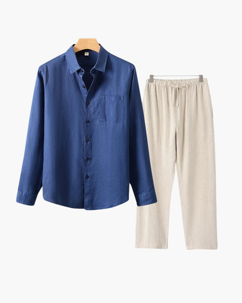 Men's Two-Piece Button-Front Shirt and Drawstring Pants Set, Casual Matching Outfit