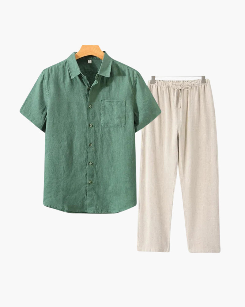 Men's Button-Down Shirt and Pants Set with Elastic Waistband, Summer Two-Piece Outfit