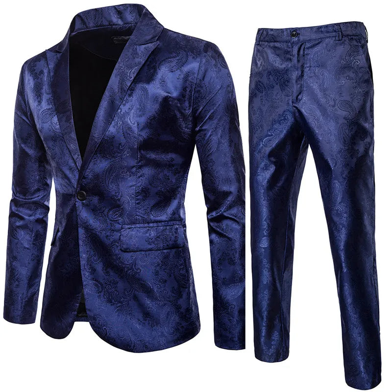 Men's Two-Piece Suit - Slim Fit Jacquard Blazer and Trousers Set