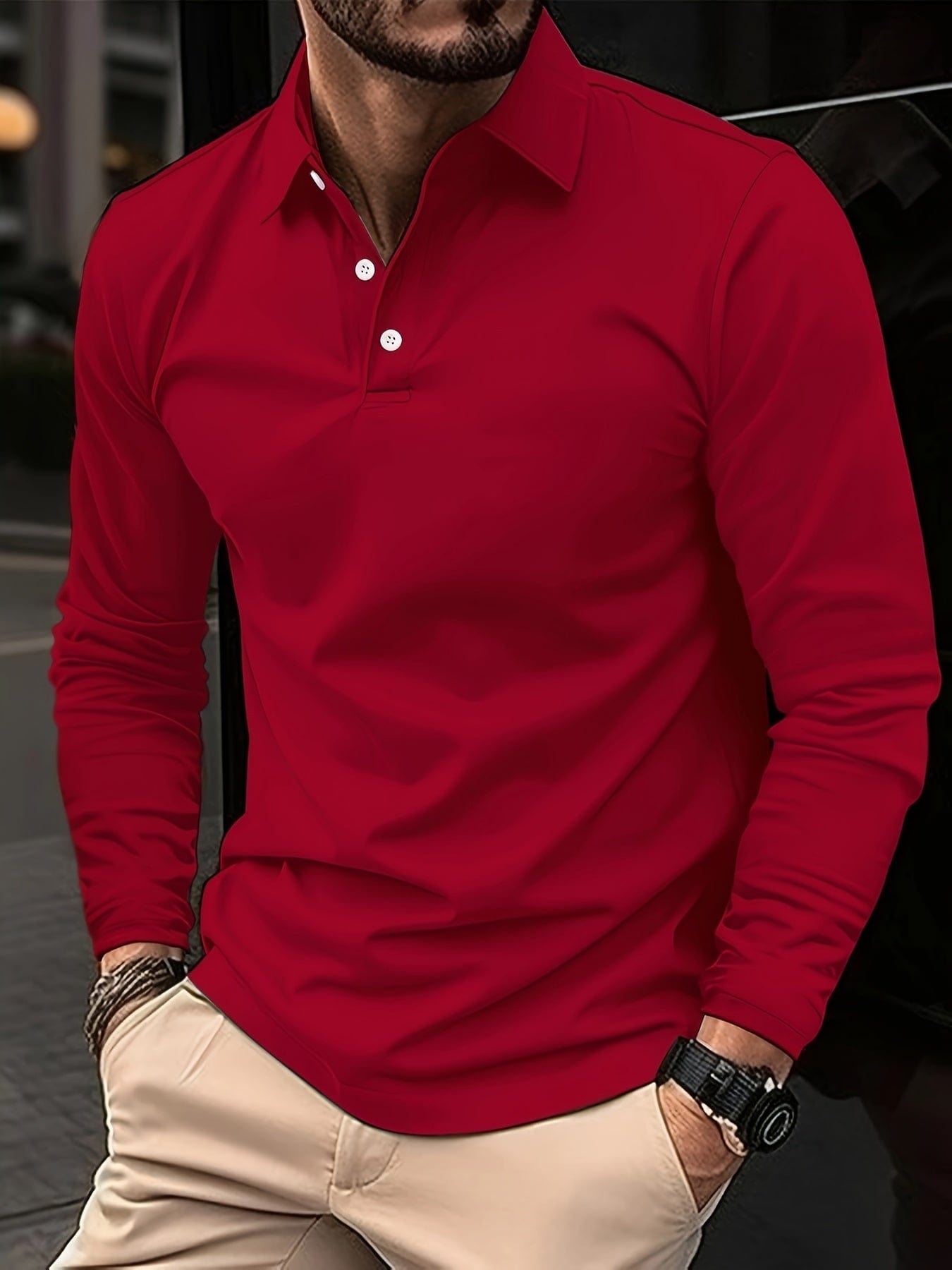 Men's Long-Sleeve Polo Shirt - Cotton Blend, Classic Collar