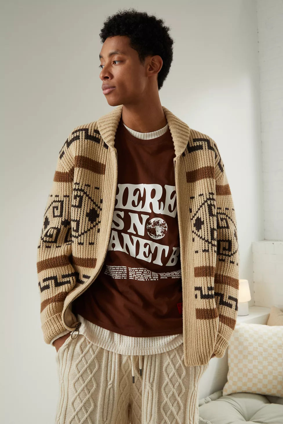 Men's Jacquard Knit Cardigan with Zipper, Shawl Collar Sweater