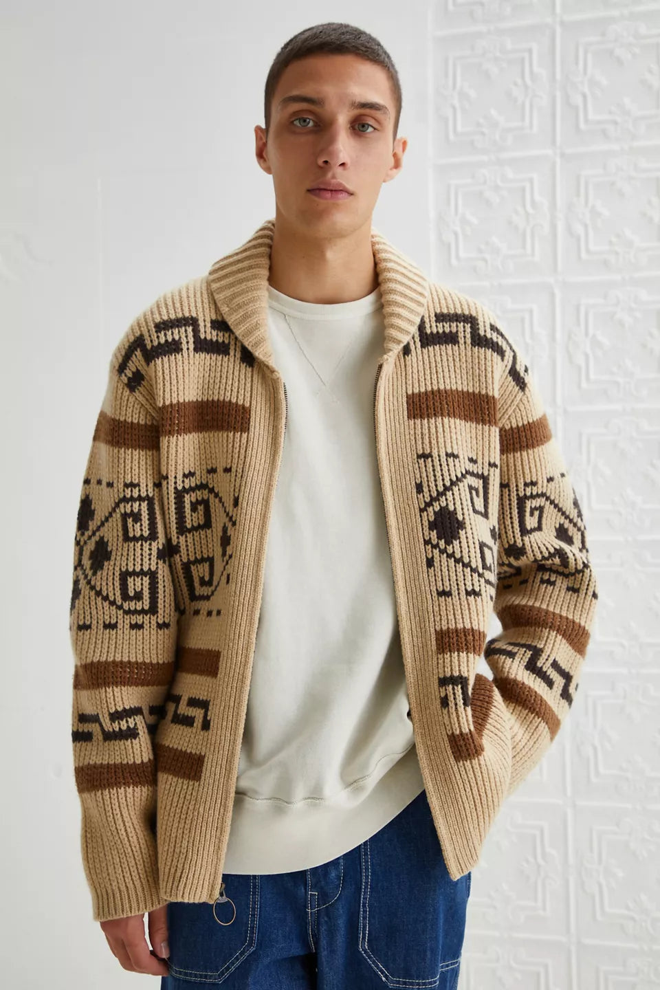 Men's Jacquard Knit Cardigan with Zipper, Shawl Collar Sweater