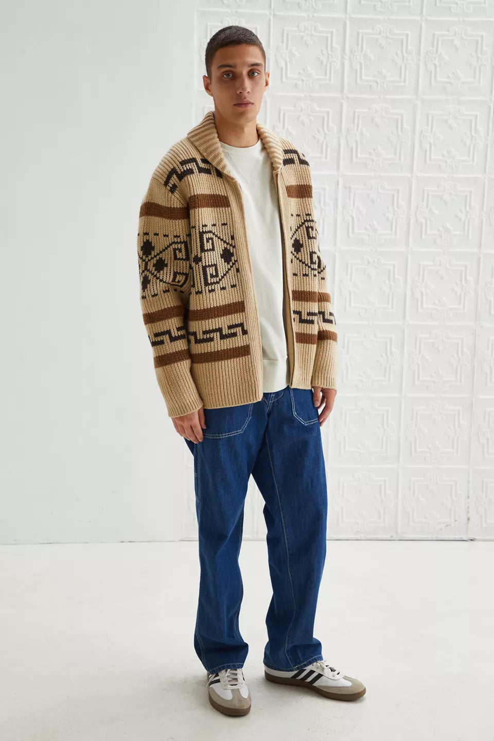 Men's Jacquard Knit Cardigan with Zipper, Shawl Collar Sweater