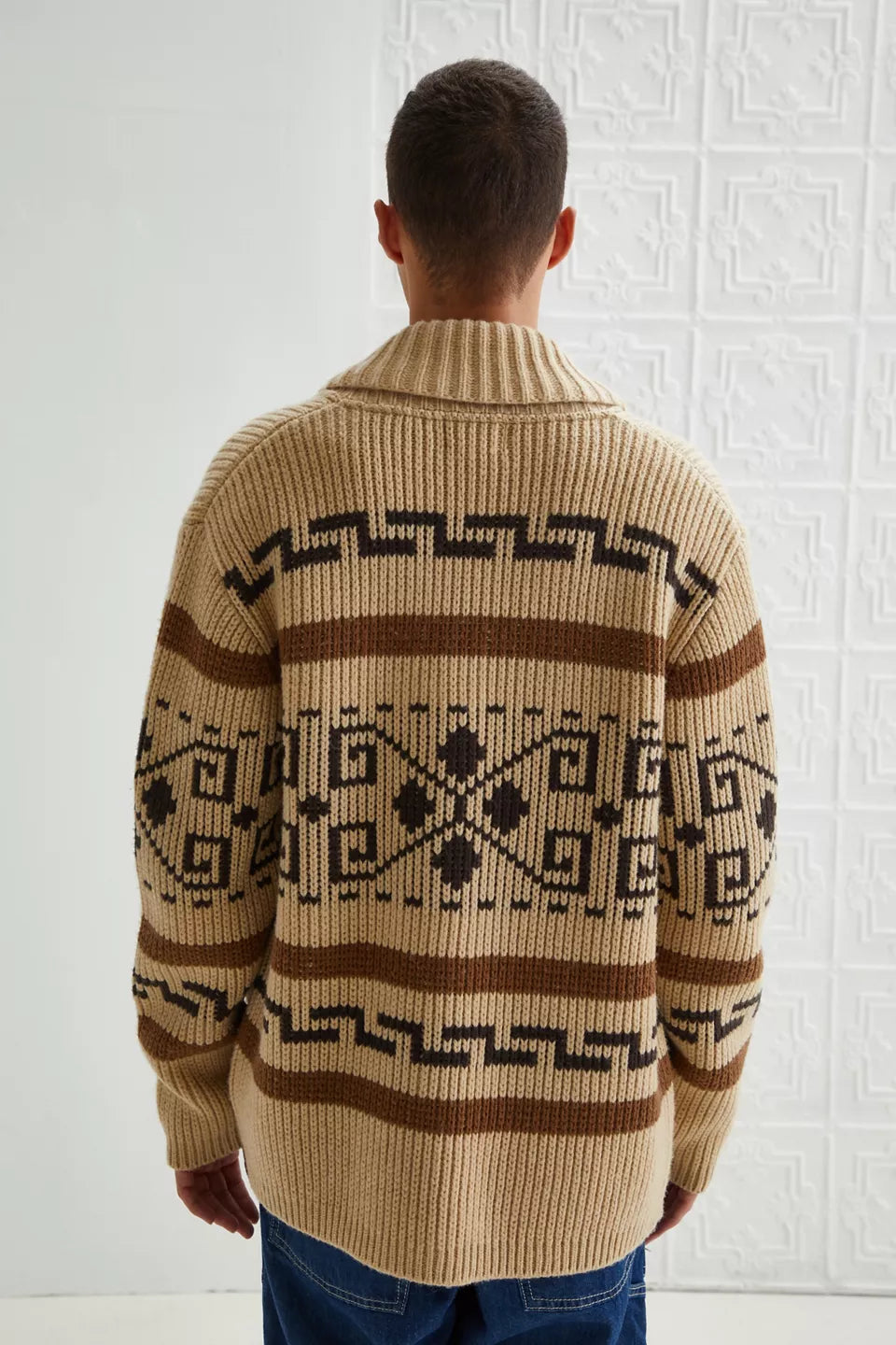 Men's Jacquard Knit Cardigan with Zipper, Shawl Collar Sweater