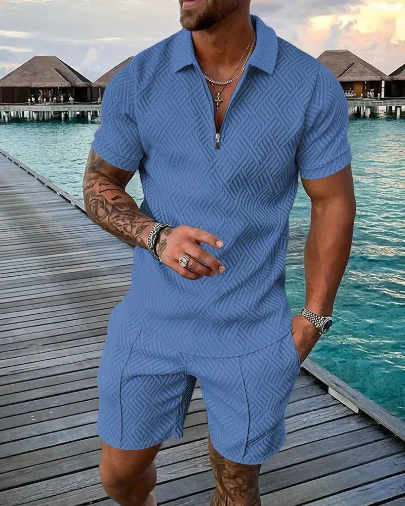 Men's Summer Tracksuit Set, Zip Collar Polo and Shorts Outfit