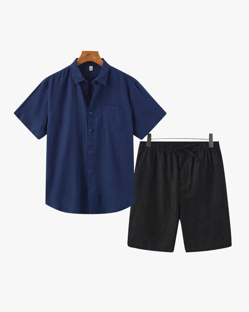 Men's Button-Down Shirt and Shorts Set with Elastic Waist, Summer Two-Piece Outfit