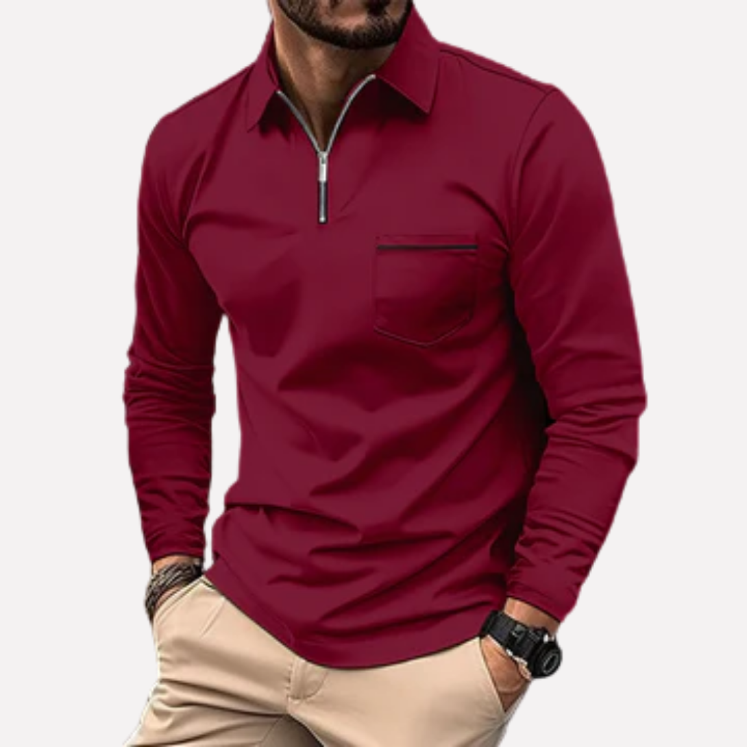Men's Long-Sleeve Polo Shirt with Chest Pocket - Cotton Blend