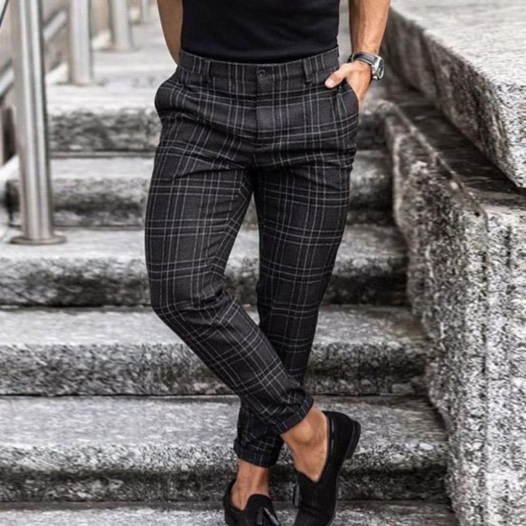 Men's Checked Trousers, Tapered Leg Mid-Rise Casual Dress Pants