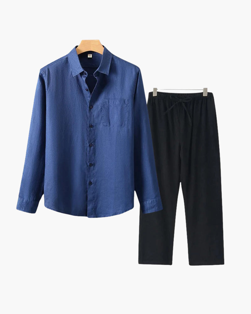 Men's Two-Piece Button-Front Shirt and Drawstring Pants Set, Casual Matching Outfit