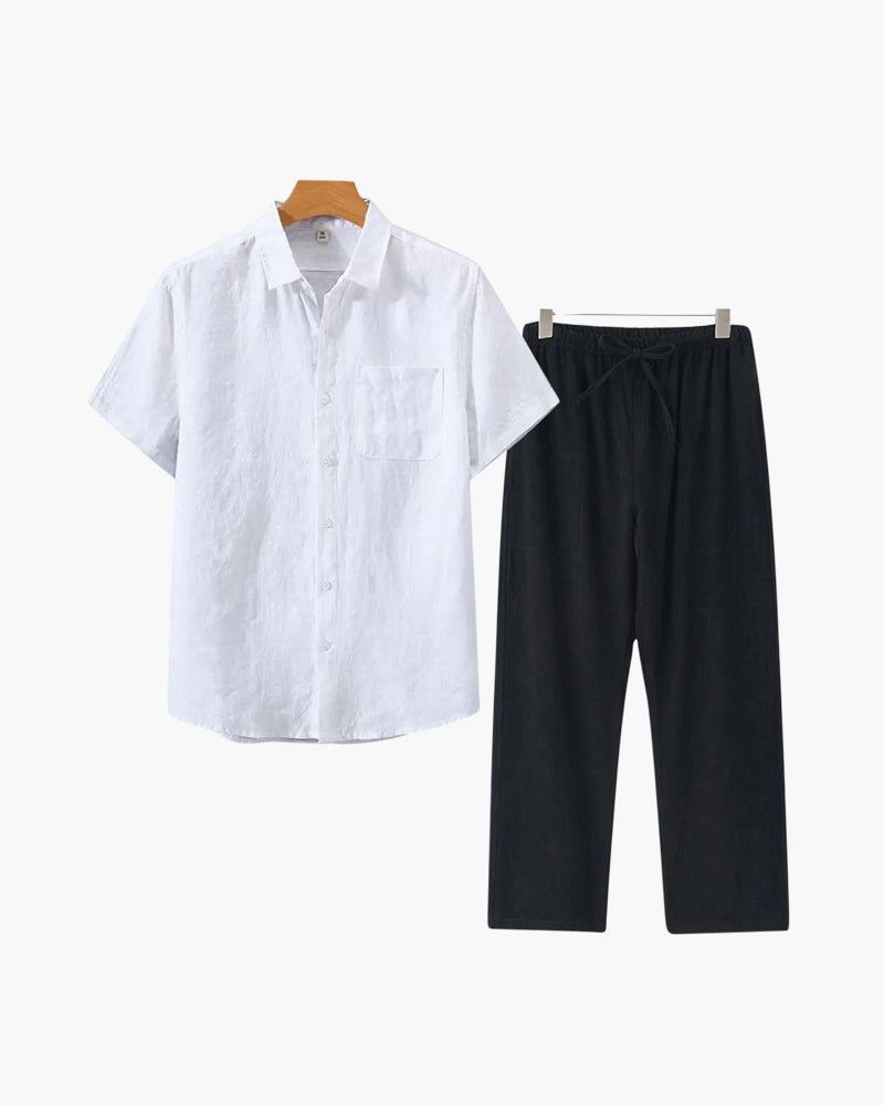 Men's Button-Down Shirt and Pants Set with Elastic Waistband, Summer Two-Piece Outfit