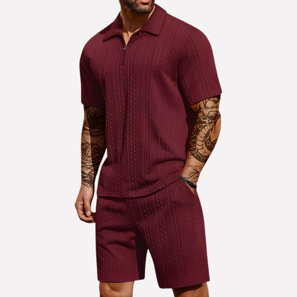Men's 2-Piece Casual Outfit Set, Quarter-Zip Polo and Matching Shorts