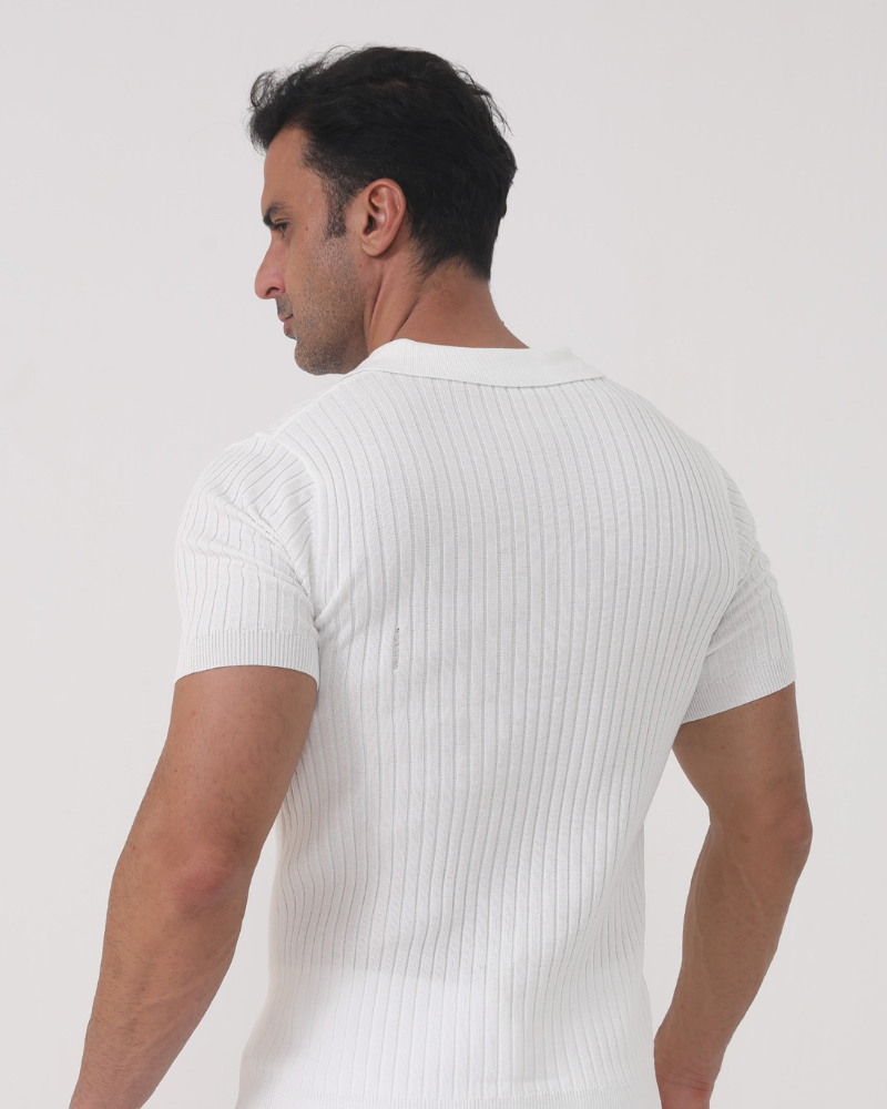 Men's Ribbed Polo Shirt with Collar Detail, Casual Short Sleeve Polo