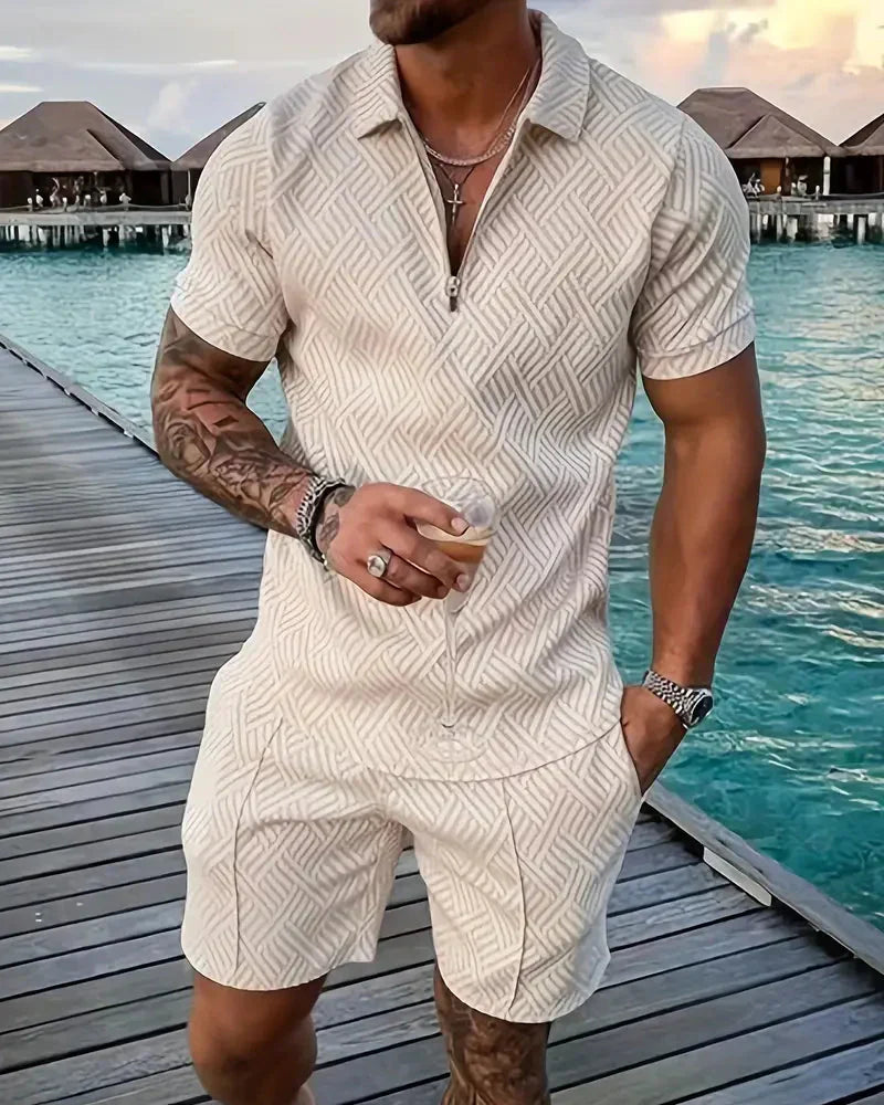 Men's Summer Tracksuit Set, Zip Collar Polo and Shorts Outfit