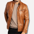 Men's Wind-Resistant Leather Jacket - Full-Zip with Snap Placket