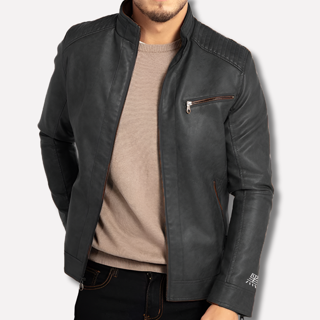 Men's Wind-Resistant Leather Jacket - Full-Zip with Snap Placket