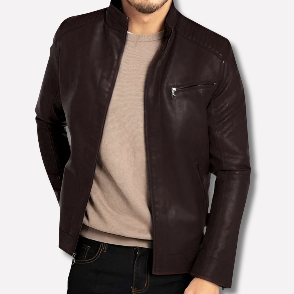Men's Wind-Resistant Leather Jacket - Full-Zip with Snap Placket