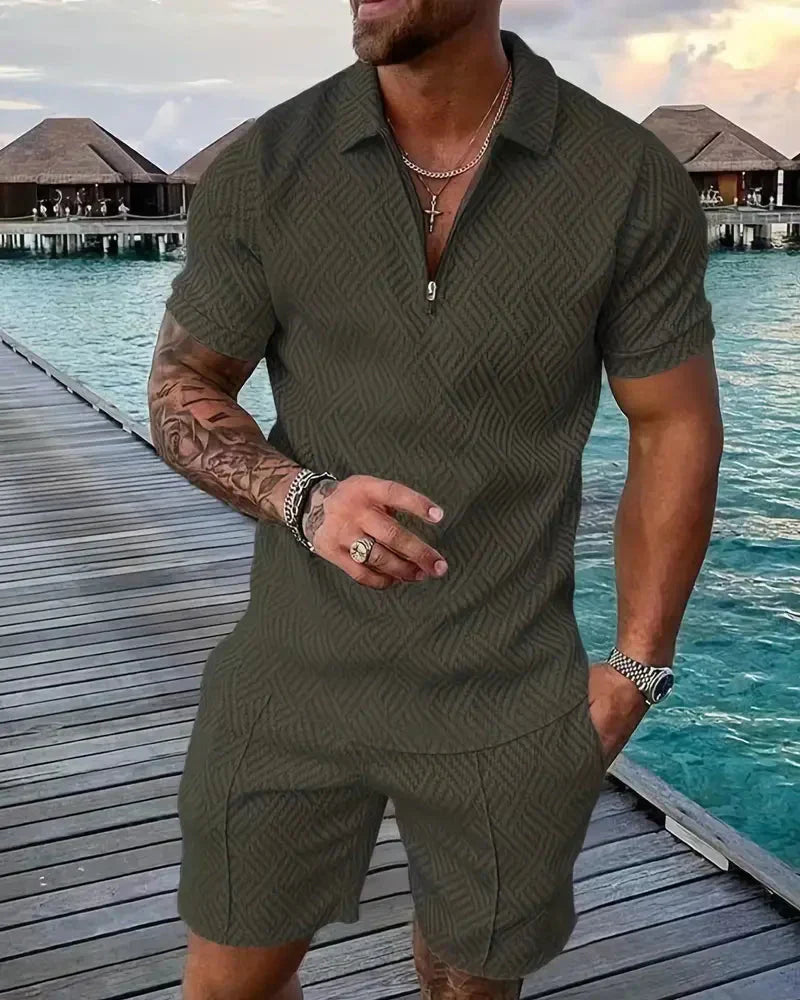 Men's Summer Tracksuit Set, Zip Collar Polo and Shorts Outfit
