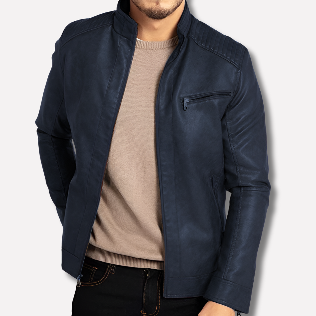 Men's Wind-Resistant Leather Jacket - Full-Zip with Snap Placket