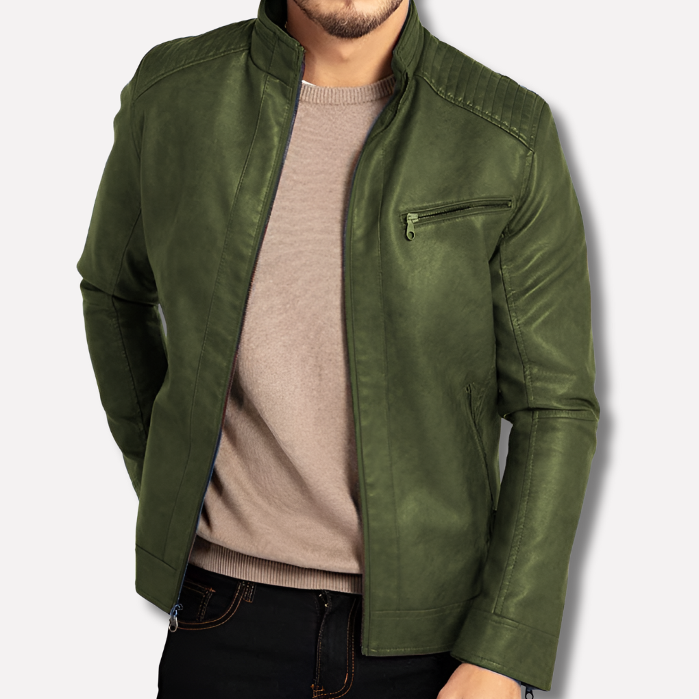 Men's Wind-Resistant Leather Jacket - Full-Zip with Snap Placket