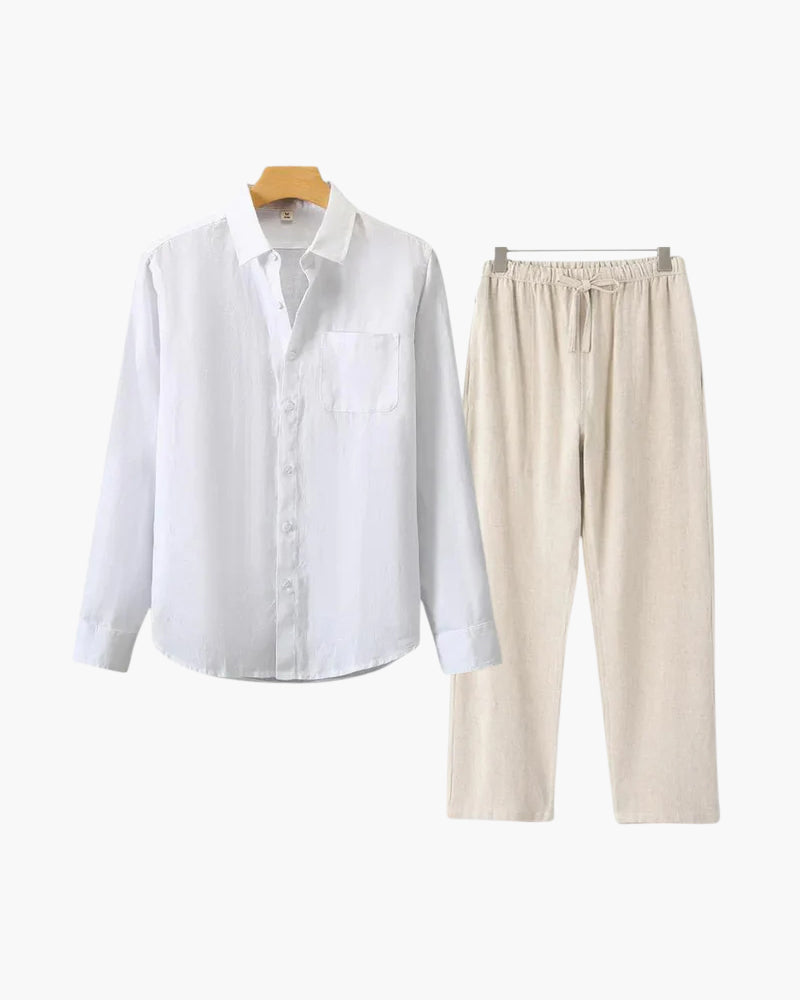 Men's Two-Piece Button-Front Shirt and Drawstring Pants Set, Casual Matching Outfit