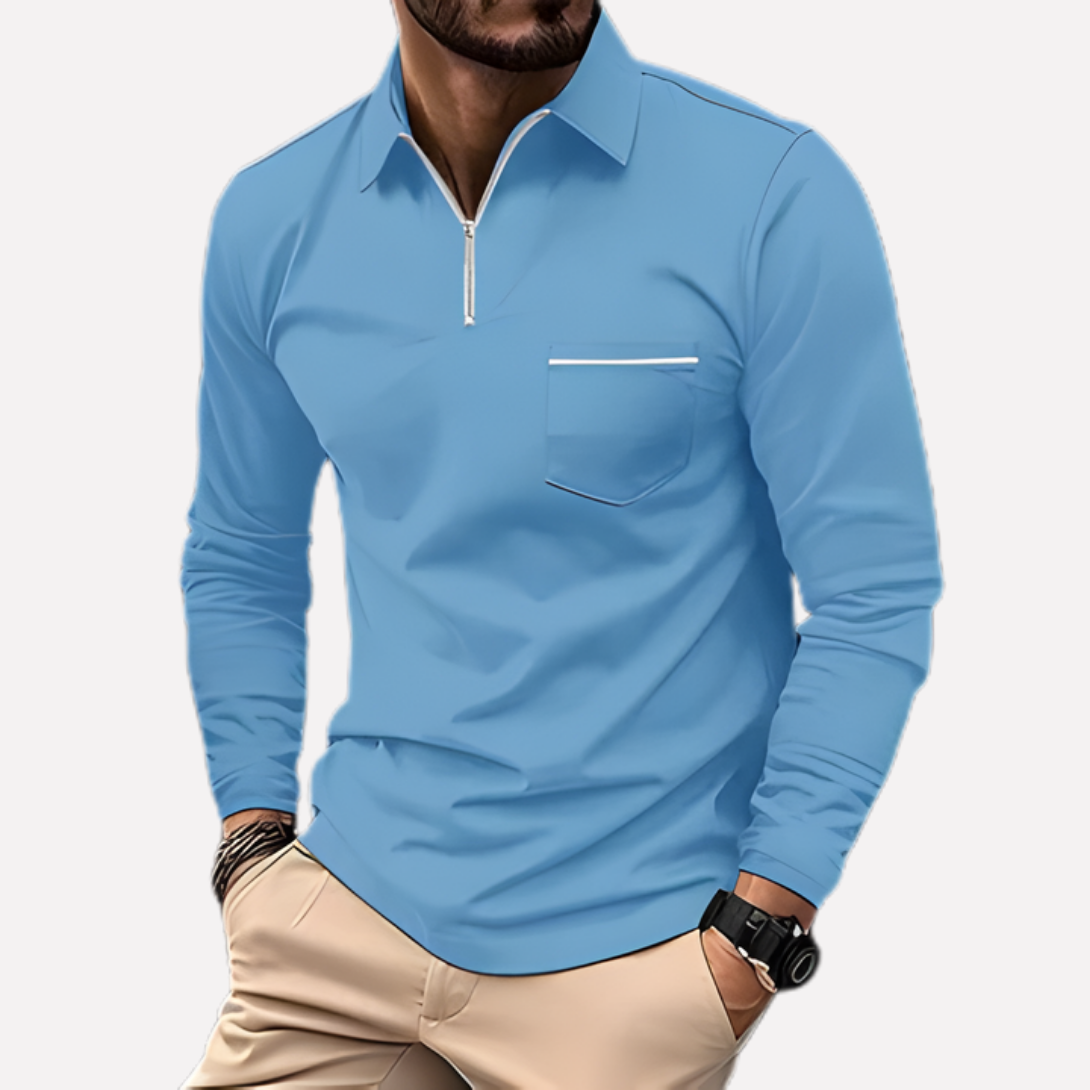 Men's Long-Sleeve Polo Shirt with Chest Pocket - Cotton Blend