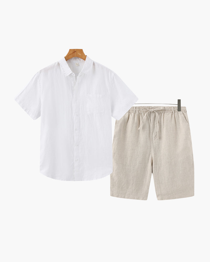 Men's Button-Down Shirt and Shorts Set with Elastic Waist, Summer Two-Piece Outfit