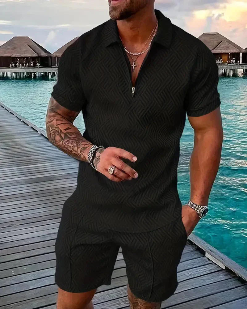 Men's Summer Tracksuit Set, Zip Collar Polo and Shorts Outfit