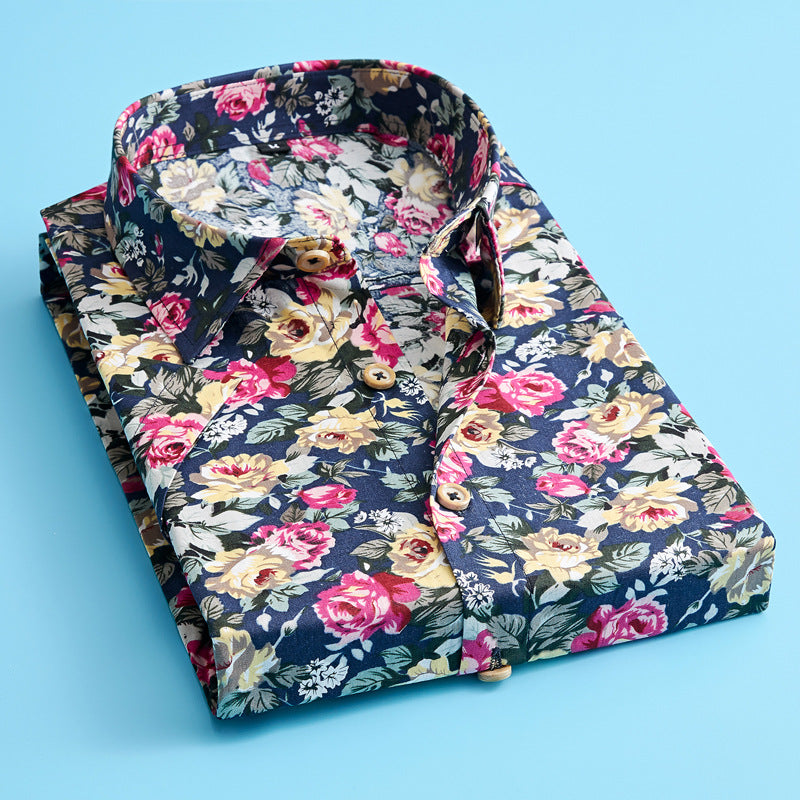 Men's Floral Print Shirt, Short Sleeve Cotton Shirt for Summer