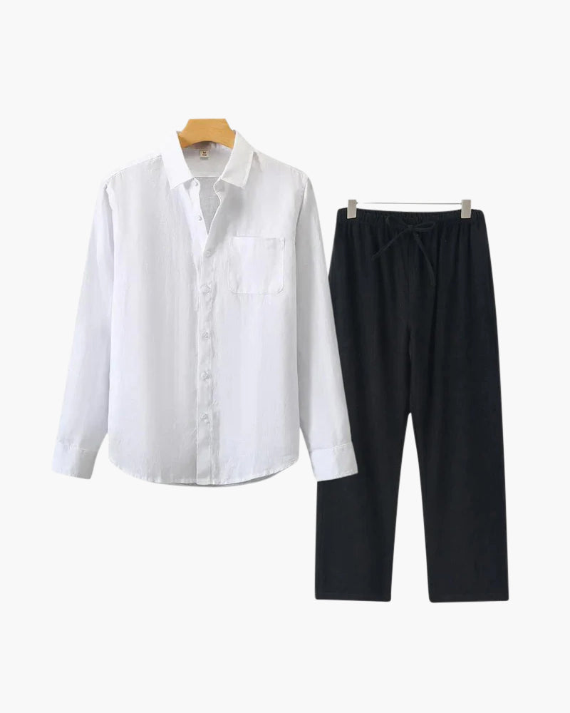 Men's Two-Piece Button-Front Shirt and Drawstring Pants Set, Casual Matching Outfit