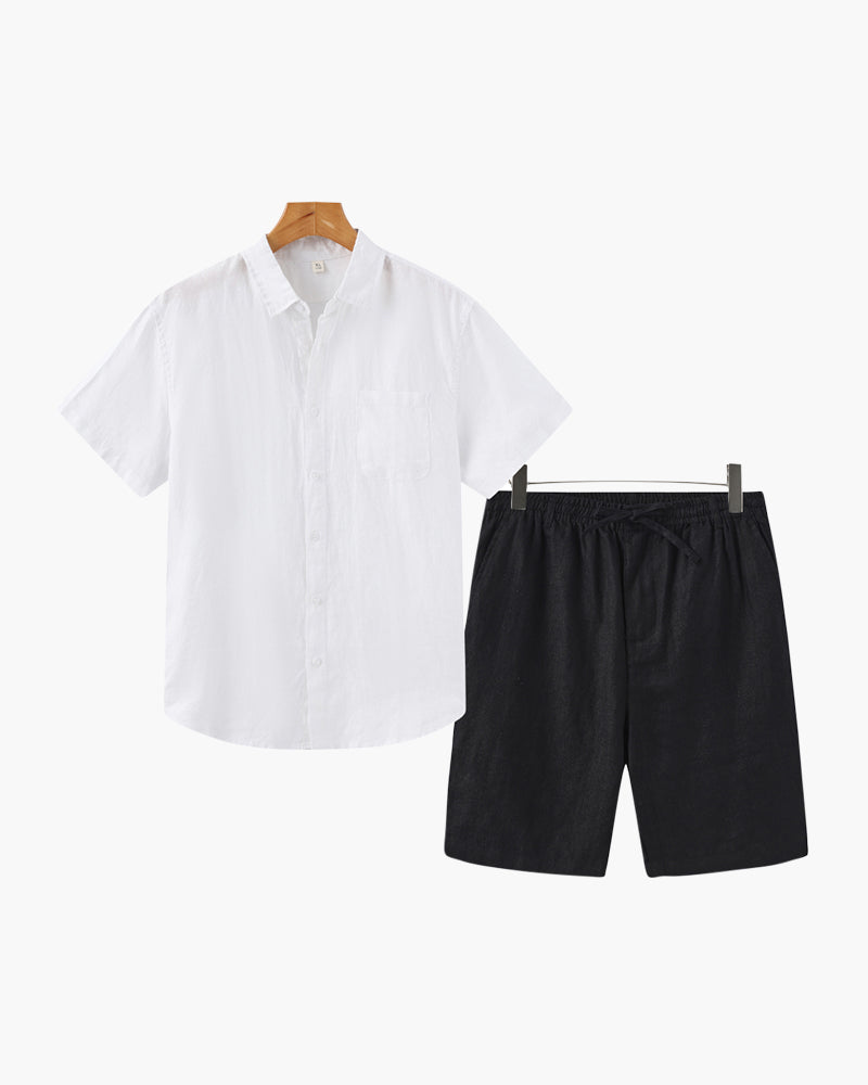 Men's Button-Down Shirt and Shorts Set with Elastic Waist, Summer Two-Piece Outfit