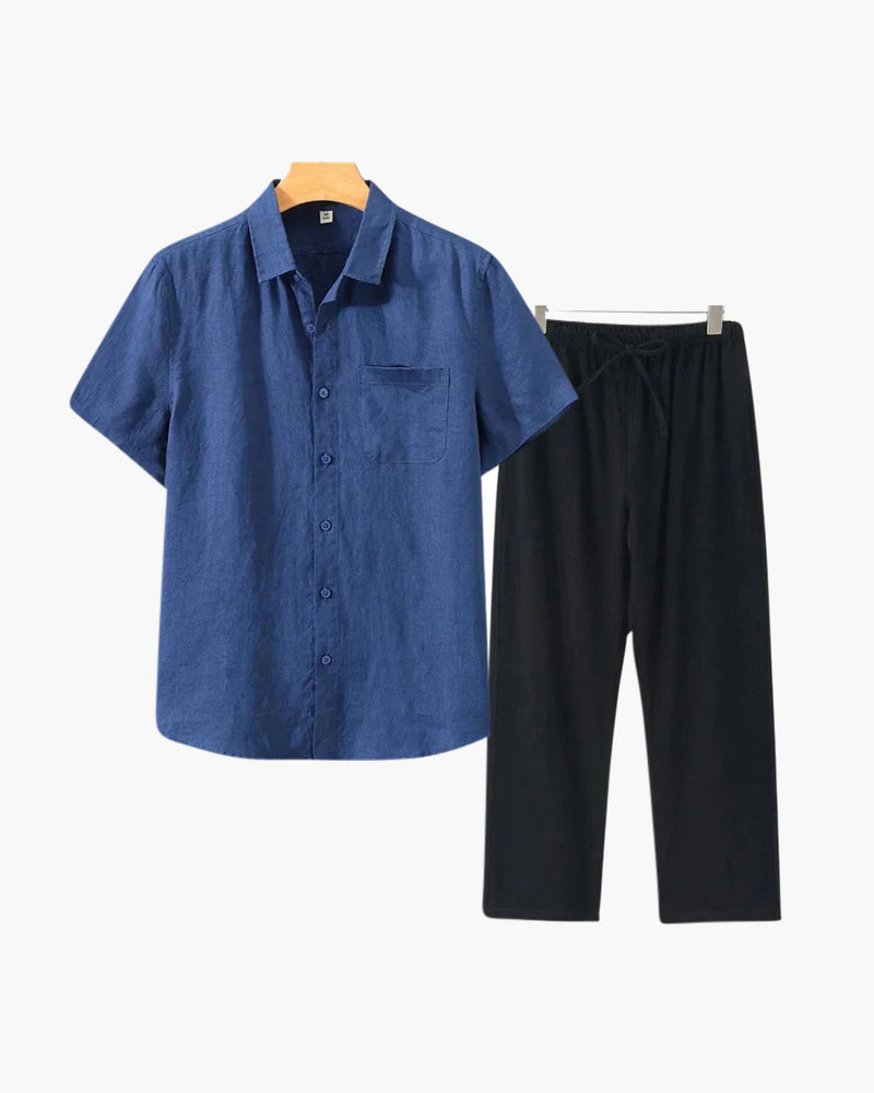 Men's Button-Down Shirt and Pants Set with Elastic Waistband, Summer Two-Piece Outfit