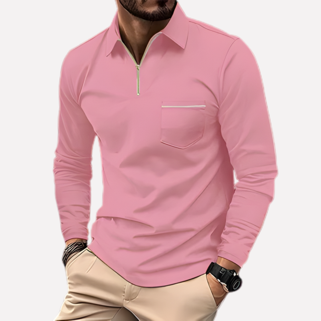 Men's Long-Sleeve Polo Shirt with Chest Pocket - Cotton Blend