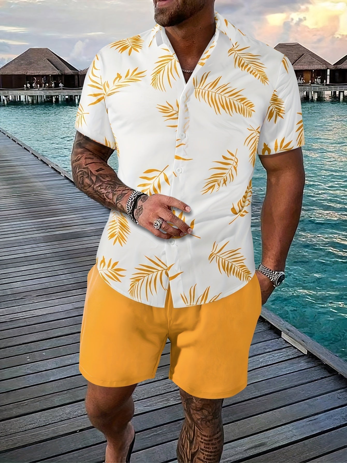 Men's Tropical Print Shirt and Shorts Set, Matching Summer Two-Piece Outfit