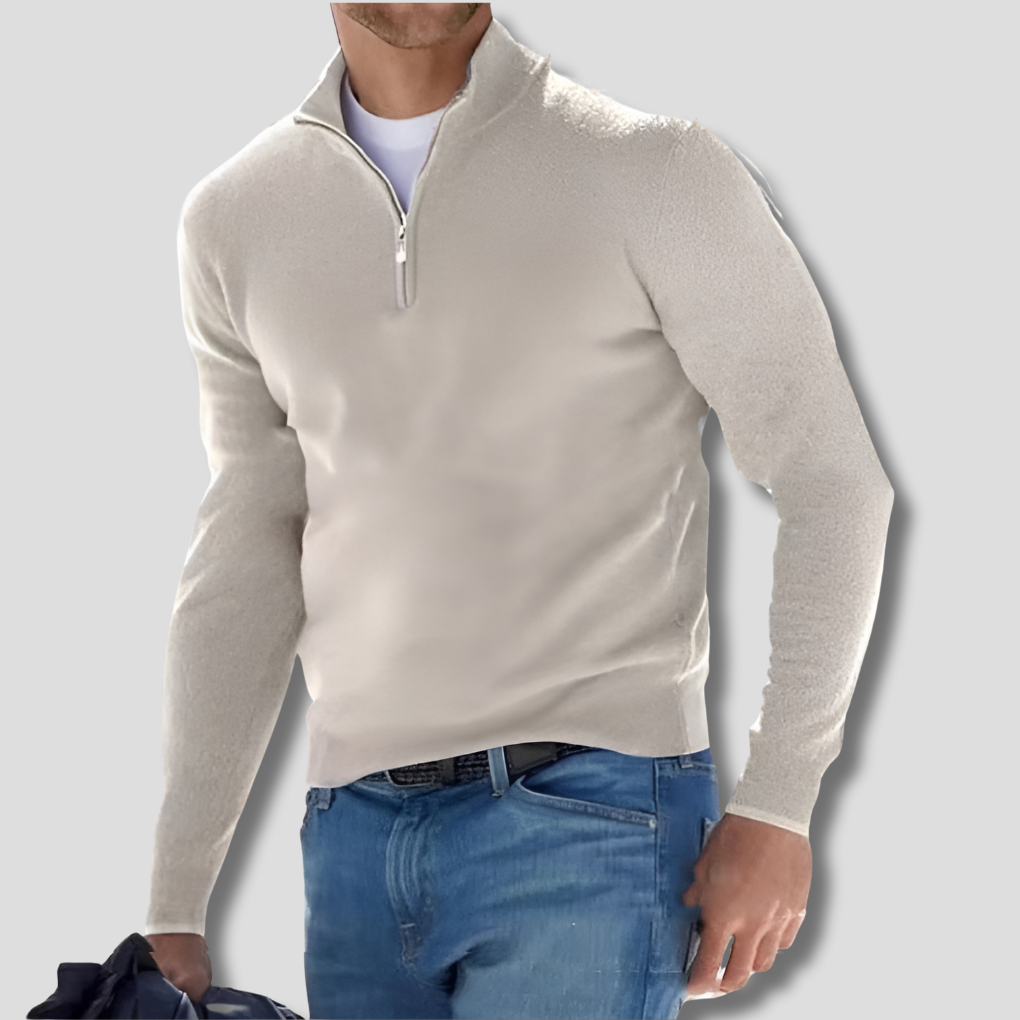 Men's Cotton Knit Pullover, Zipper Collar Sweater for Casual Wear