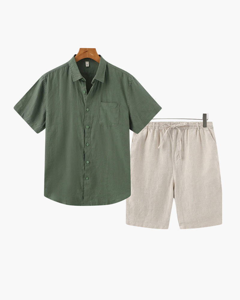 Men's Button-Down Shirt and Shorts Set with Elastic Waist, Summer Two-Piece Outfit
