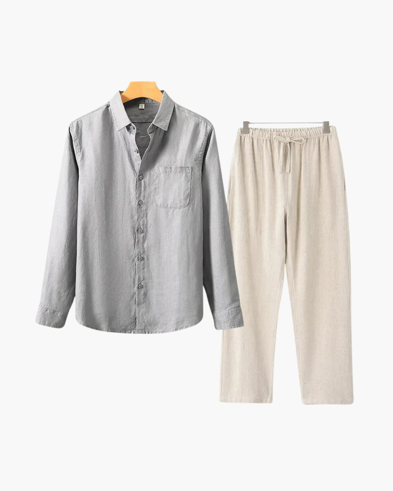Men's Two-Piece Button-Front Shirt and Drawstring Pants Set, Casual Matching Outfit
