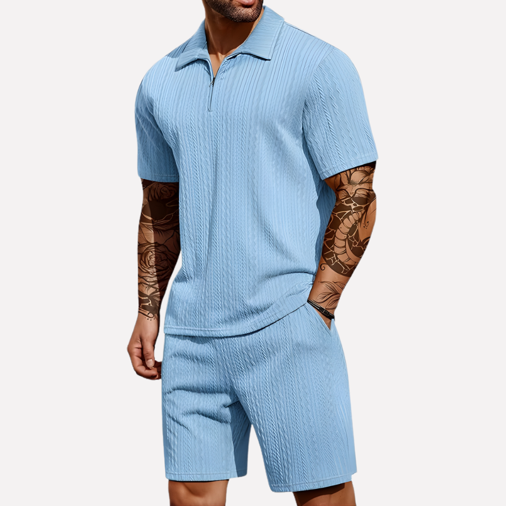 Men's 2-Piece Casual Outfit Set, Quarter-Zip Polo and Matching Shorts