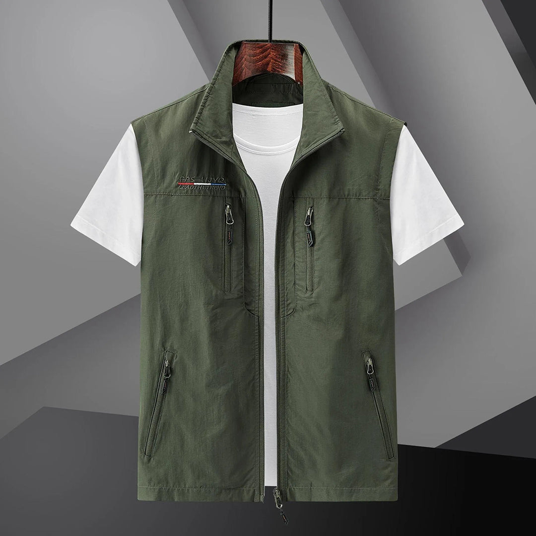 Men's Multi-Pocket Utility Travel Vest - Water-Resistant Polyester Outdoor Vest