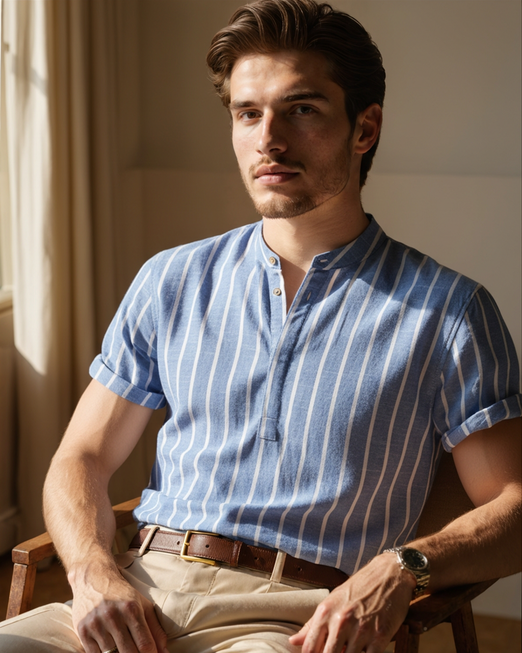 Men's Sailor Striped Polo Shirt with Open Collar, Nautical Casual Polo