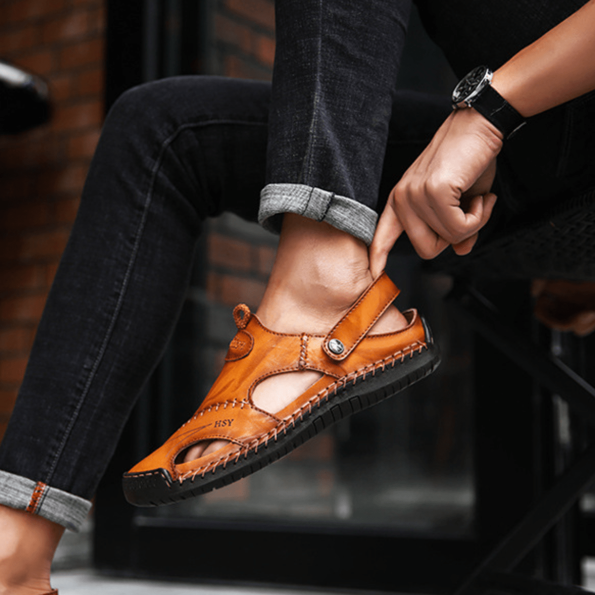 Men's Breathable Leather Sandals - Adjustable Strap Summer Sandals